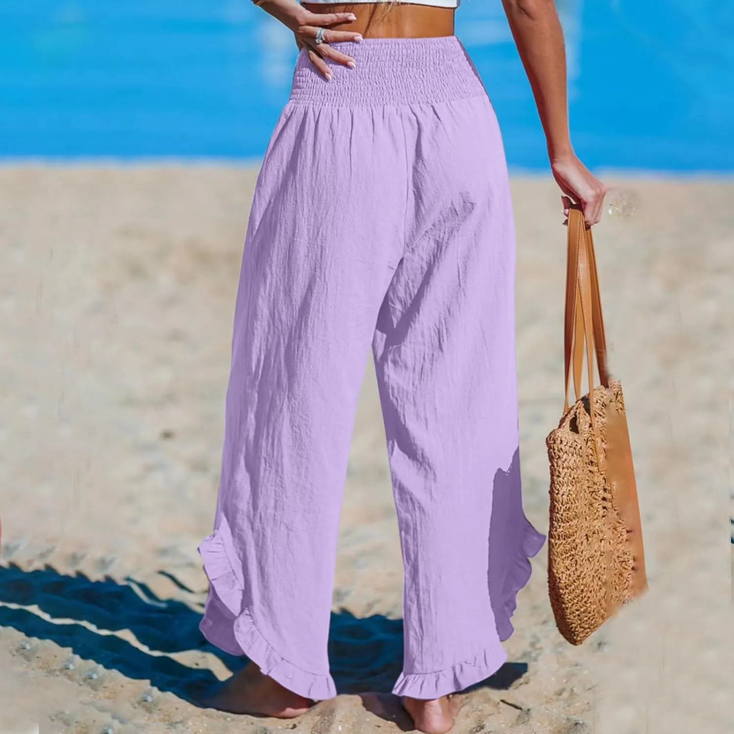 LEMONONSTORE Fashion Women Smocked Paperbag Wide Leg Pants Cute Ruffle Trim Hem Summer Linen Pant Loose Boho Beach Trousers