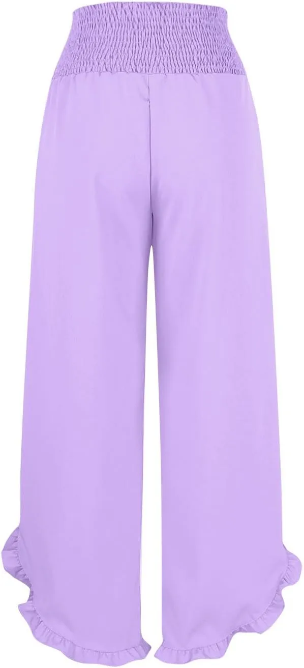 LEMONONSTORE Fashion Women Smocked Paperbag Wide Leg Pants Cute Ruffle Trim Hem Summer Linen Pant Loose Boho Beach Trousers