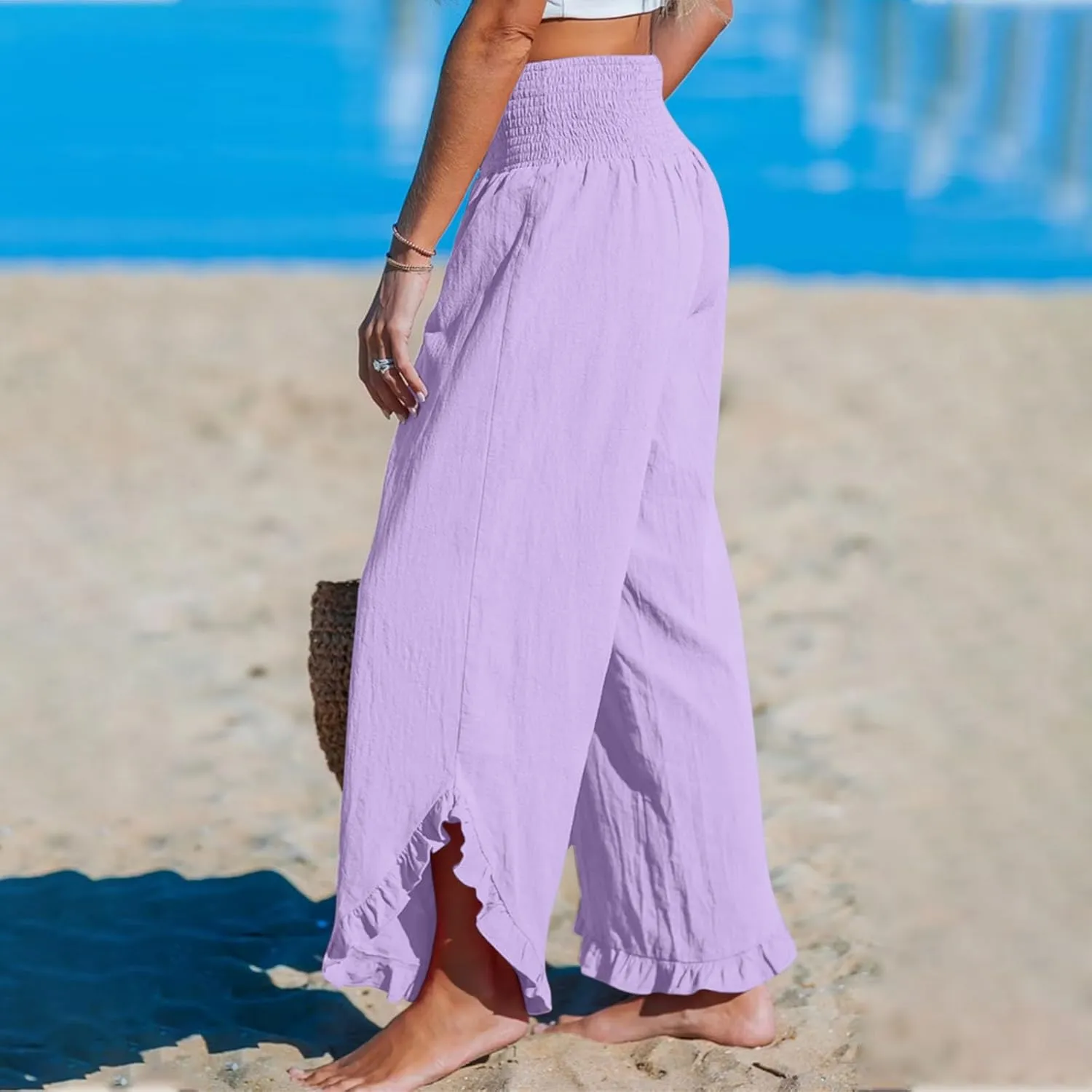 LEMONONSTORE Fashion Women Smocked Paperbag Wide Leg Pants Cute Ruffle Trim Hem Summer Linen Pant Loose Boho Beach Trousers
