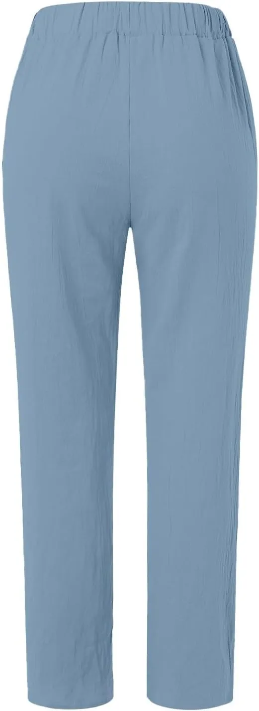 Linen 2024 Summer Pants Women Elastic Waisted Casual Vintage Copped Pants Straight Leg Lightweight Beach Pants