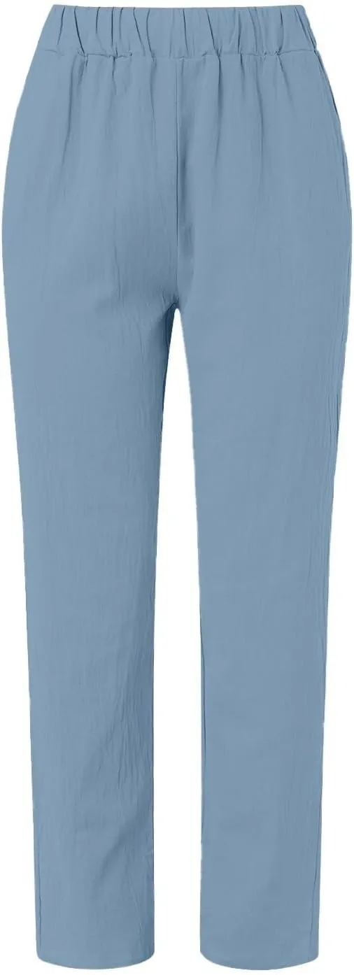 Linen 2024 Summer Pants Women Elastic Waisted Casual Vintage Copped Pants Straight Leg Lightweight Beach Pants