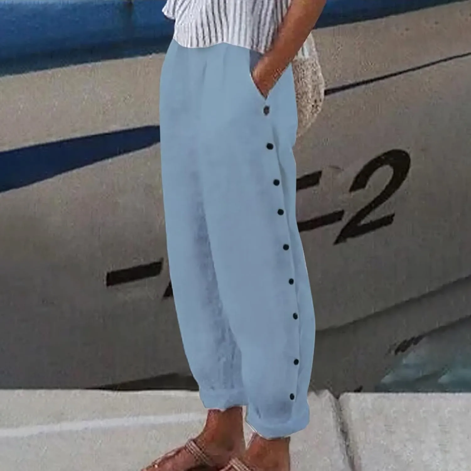 Linen 2024 Summer Pants Women Elastic Waisted Casual Vintage Copped Pants Straight Leg Lightweight Beach Pants