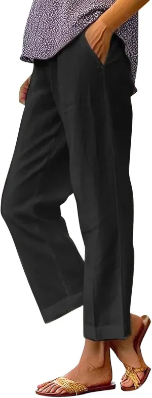 Linen Capri Pants for Women Summer 2025 Wide Leg Loose Drawstring Elastic Waist Cropped Trouser