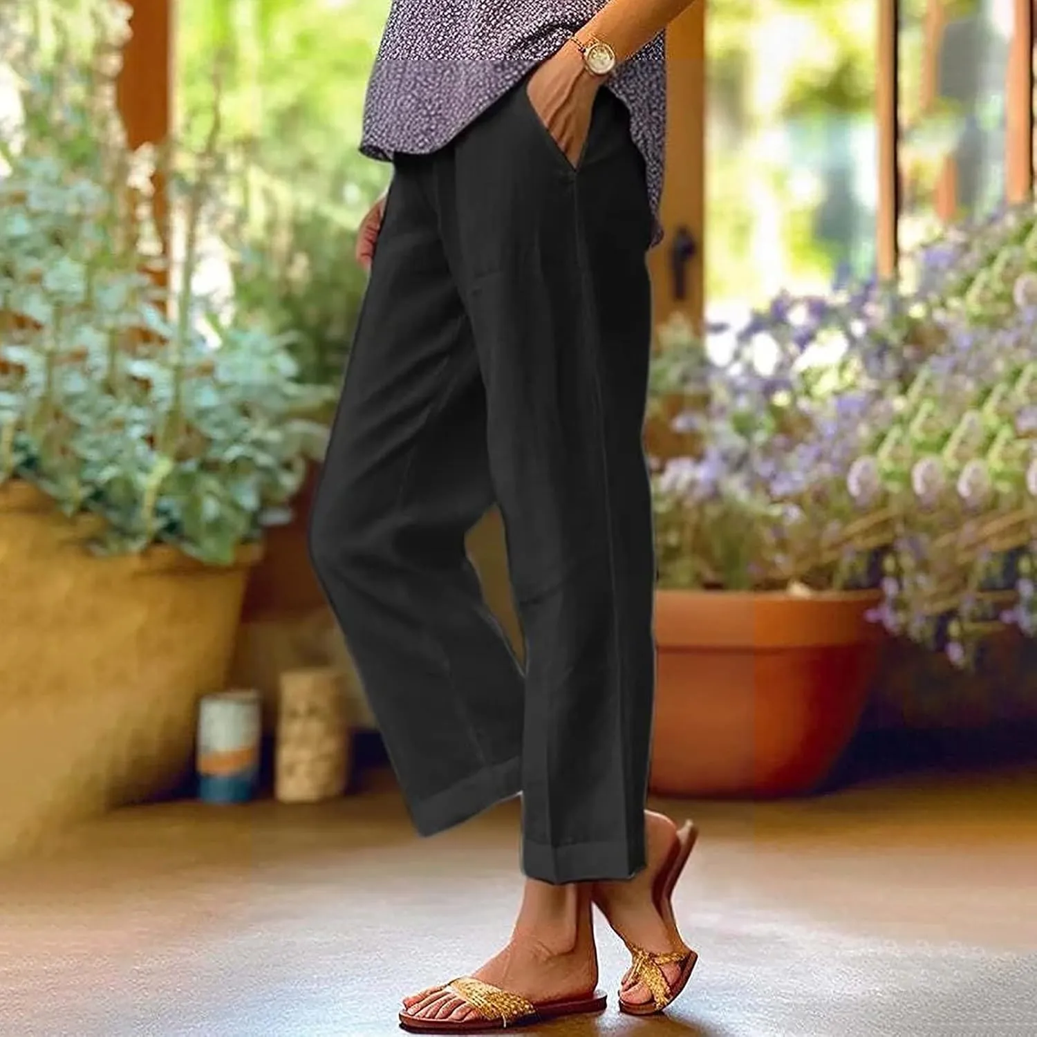Linen Capri Pants for Women Summer 2025 Wide Leg Loose Drawstring Elastic Waist Cropped Trouser