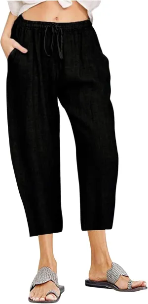 Linen Capris Pants for Women Summer Drawstring Elastic High Waist Linen Pant Straight Wide Leg Cropped Trouser Pants