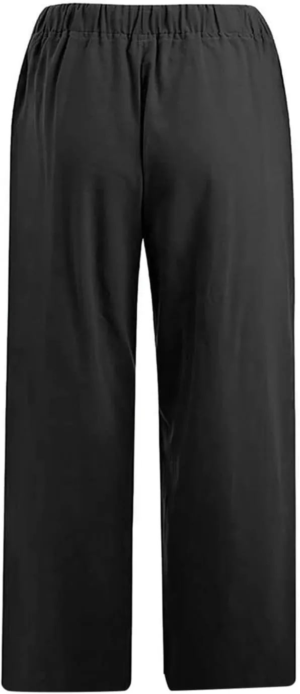 Linen Capris Pants for Women Summer Drawstring Elastic High Waist Linen Pant Straight Wide Leg Cropped Trouser Pants