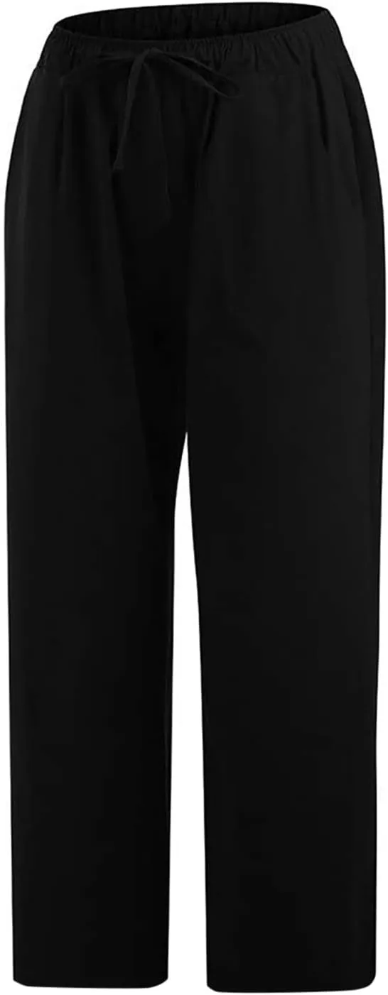 Linen Capris Pants for Women Summer Drawstring Elastic High Waist Linen Pant Straight Wide Leg Cropped Trouser Pants