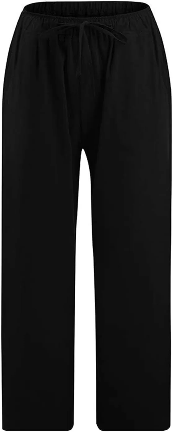 Linen Capris Pants for Women Summer Drawstring Elastic High Waist Linen Pant Straight Wide Leg Cropped Trouser Pants