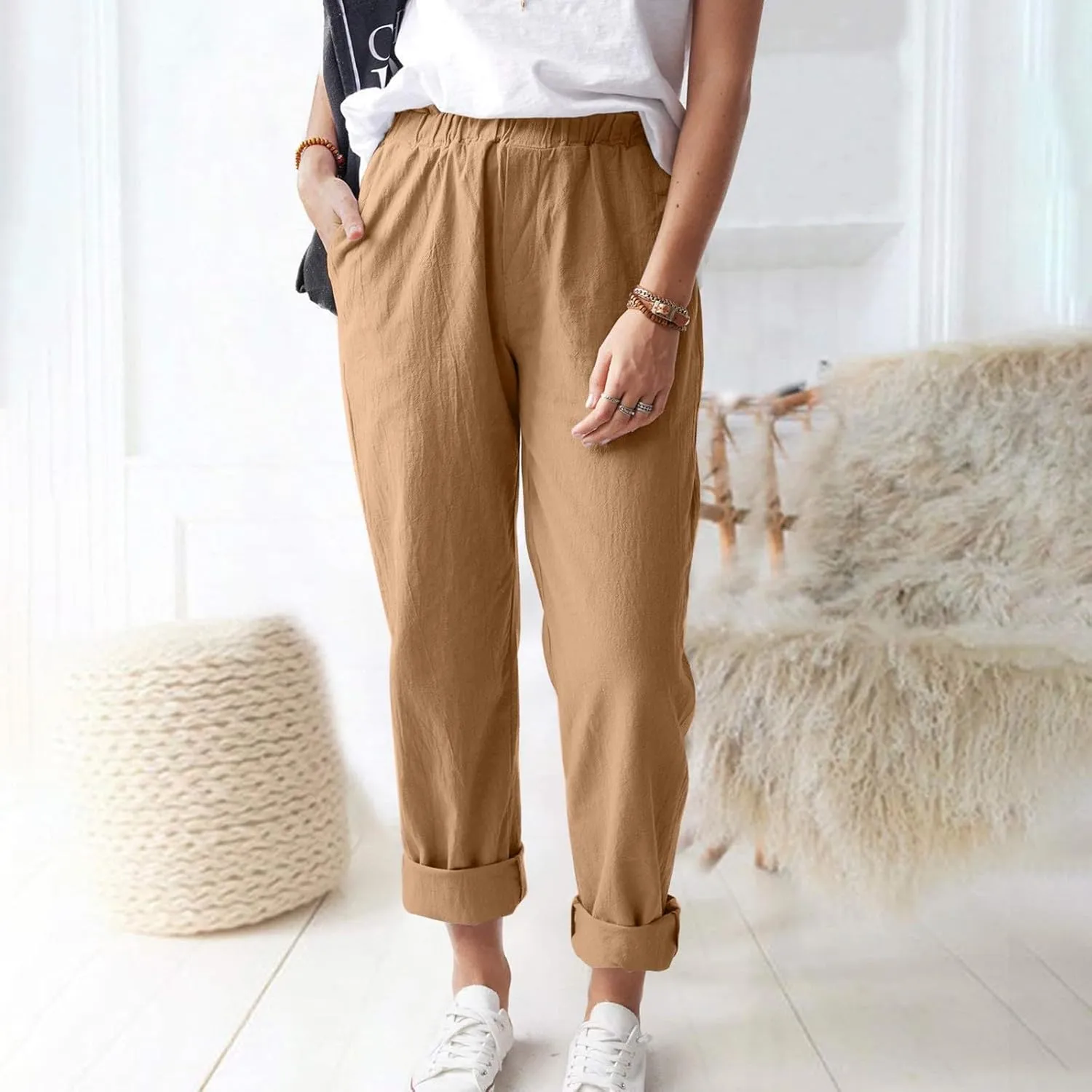 Linen Casual Summer Capri Pants Cropped Comfy Baggy Trousers with Pockets Palazzo Lounge Cropped Tapered Leg Pant