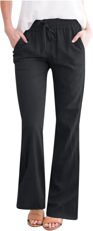 Linen Flared Pants for Women Casual Drawstring Elastic Waist Pant Trendy 2025 Summer Lounge Work Trouser with Pockets