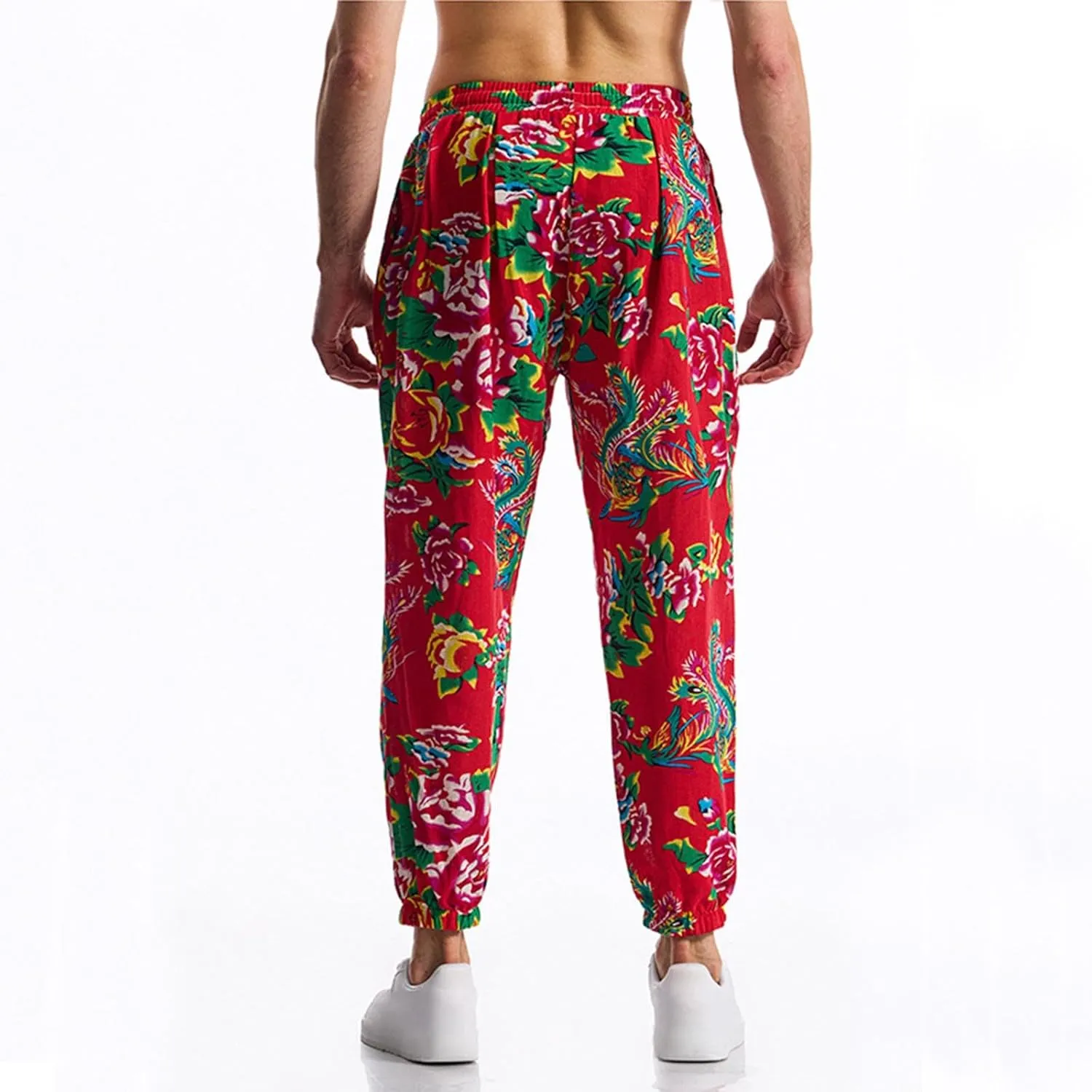 Linen Harem Pants for Men Drawstring Floral Paisley Print Casual Streetwear Hippie Yoga Pants with Pockets