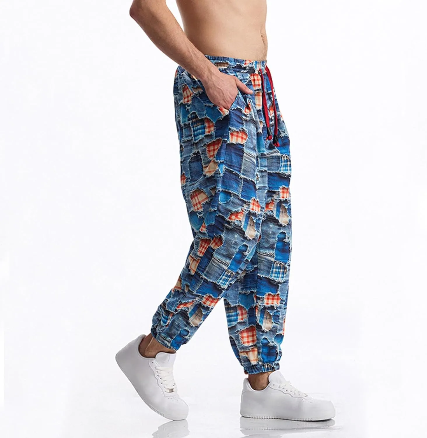 Linen Harem Pants for Men Drawstring Floral Paisley Print Casual Streetwear Hippie Yoga Pants with Pockets