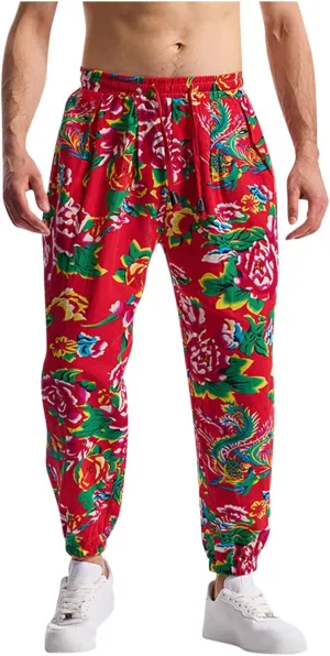 Linen Harem Pants for Men Drawstring Floral Paisley Print Casual Streetwear Hippie Yoga Pants with Pockets