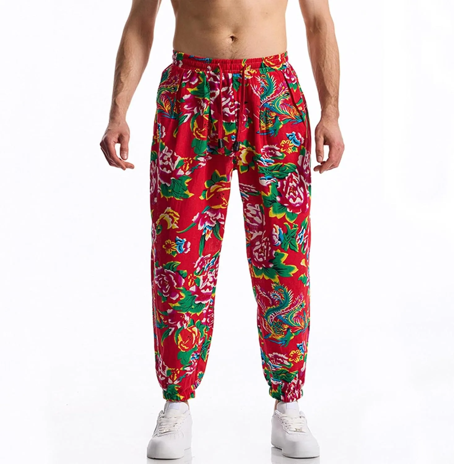 Linen Harem Pants for Men Drawstring Floral Paisley Print Casual Streetwear Hippie Yoga Pants with Pockets