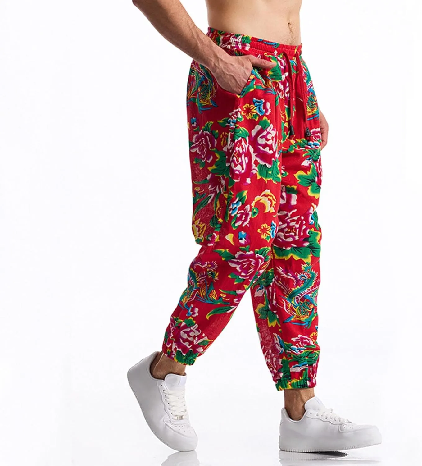 Linen Harem Pants for Men Drawstring Floral Paisley Print Casual Streetwear Hippie Yoga Pants with Pockets