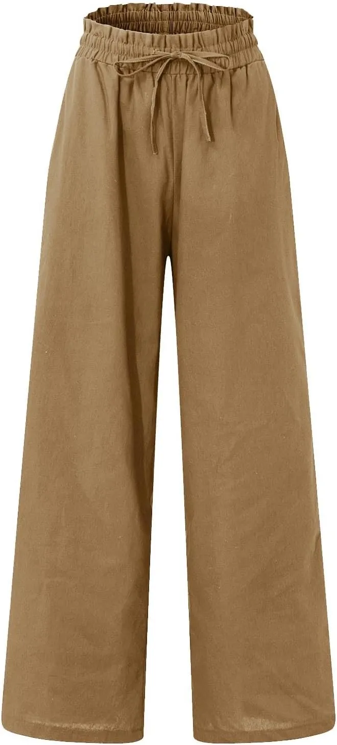 Linen Palazzo for Women Dressy Casual Elastic High Waisted Wide Leg Pants Summer Loose Comfy Work Pants with Pockets
