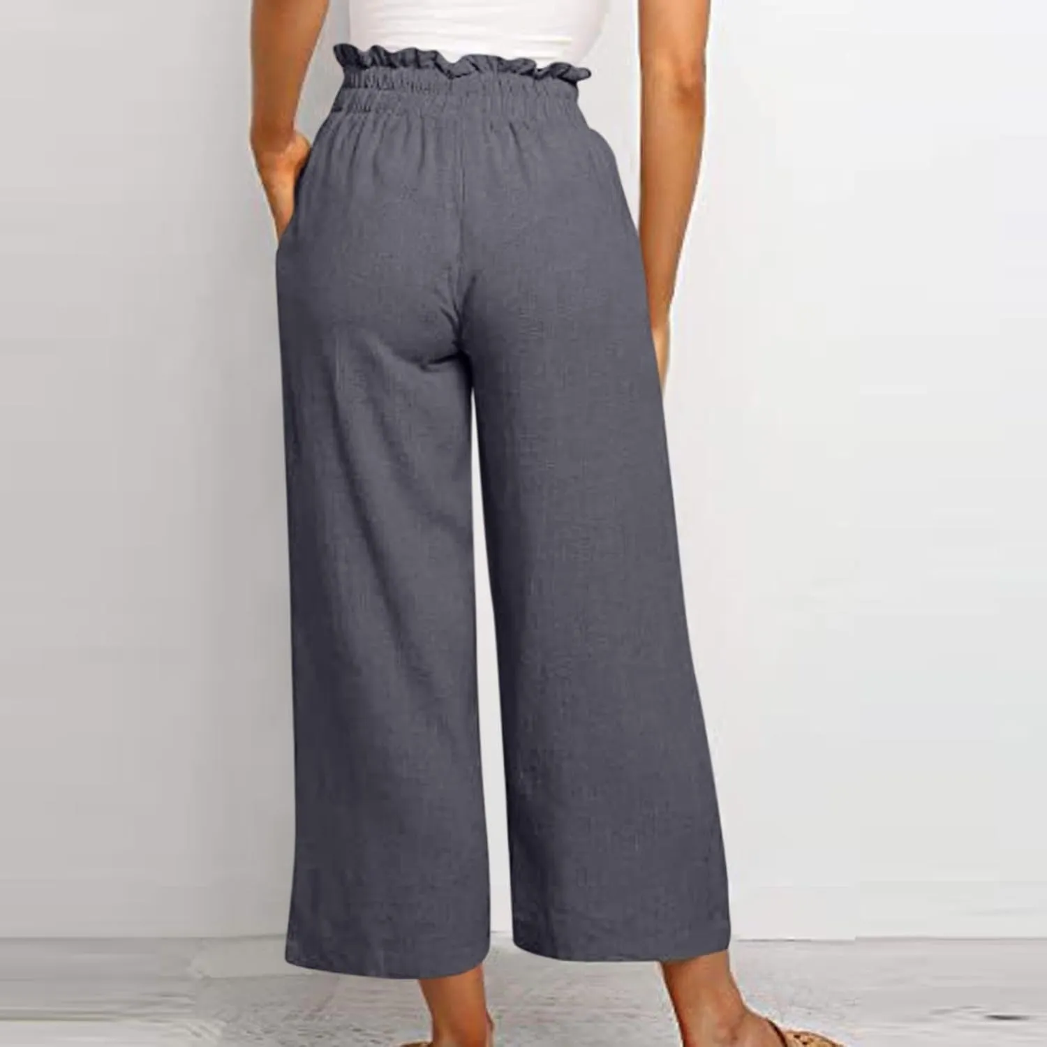 Linen Palazzo for Women Dressy Casual Elastic High Waisted Wide Leg Pants Summer Loose Comfy Work Pants with Pockets