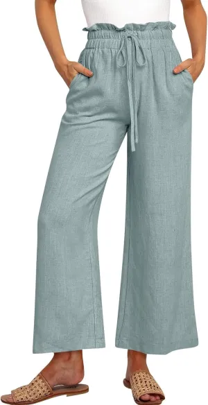 Linen Palazzo for Women Dressy Casual Elastic High Waisted Wide Leg Pants Summer Loose Comfy Work Pants with Pockets