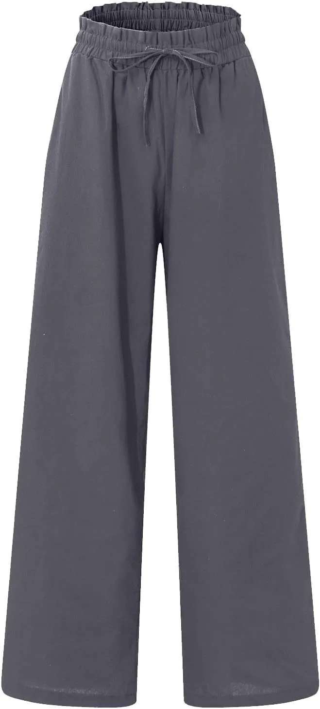 Linen Palazzo for Women Dressy Casual Elastic High Waisted Wide Leg Pants Summer Loose Comfy Work Pants with Pockets