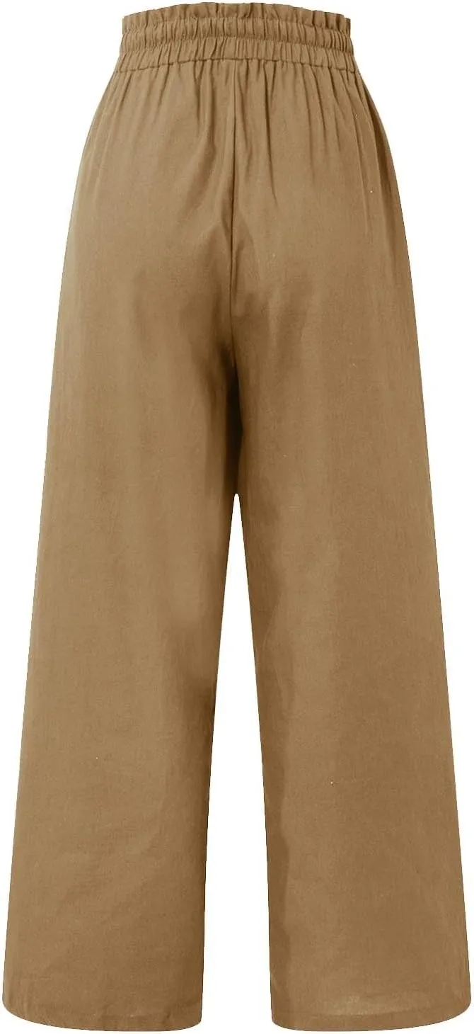 Linen Palazzo for Women Dressy Casual Elastic High Waisted Wide Leg Pants Summer Loose Comfy Work Pants with Pockets