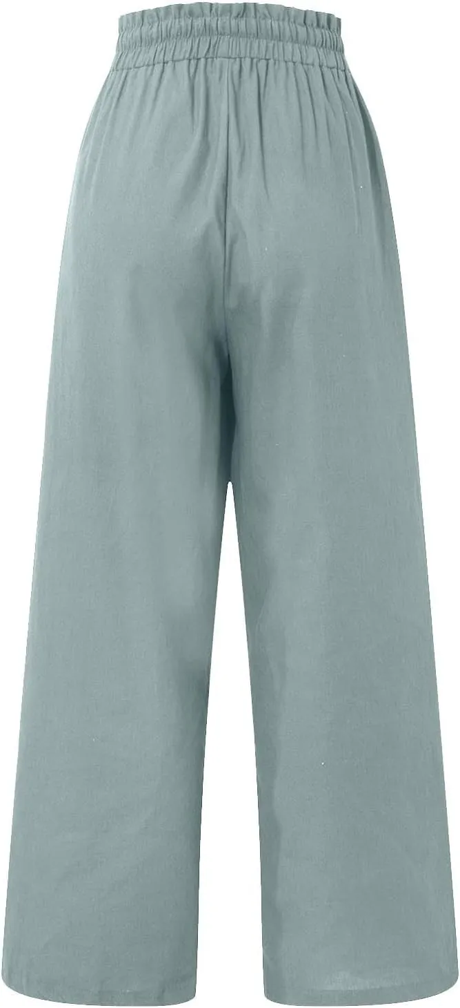 Linen Palazzo for Women Dressy Casual Elastic High Waisted Wide Leg Pants Summer Loose Comfy Work Pants with Pockets