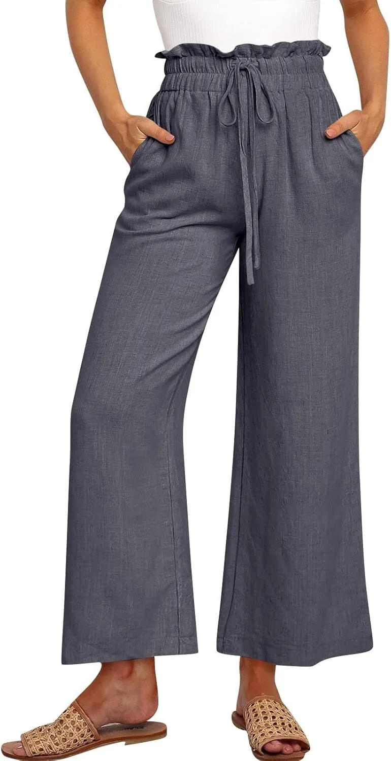 Linen Palazzo for Women Dressy Casual Elastic High Waisted Wide Leg Pants Summer Loose Comfy Work Pants with Pockets