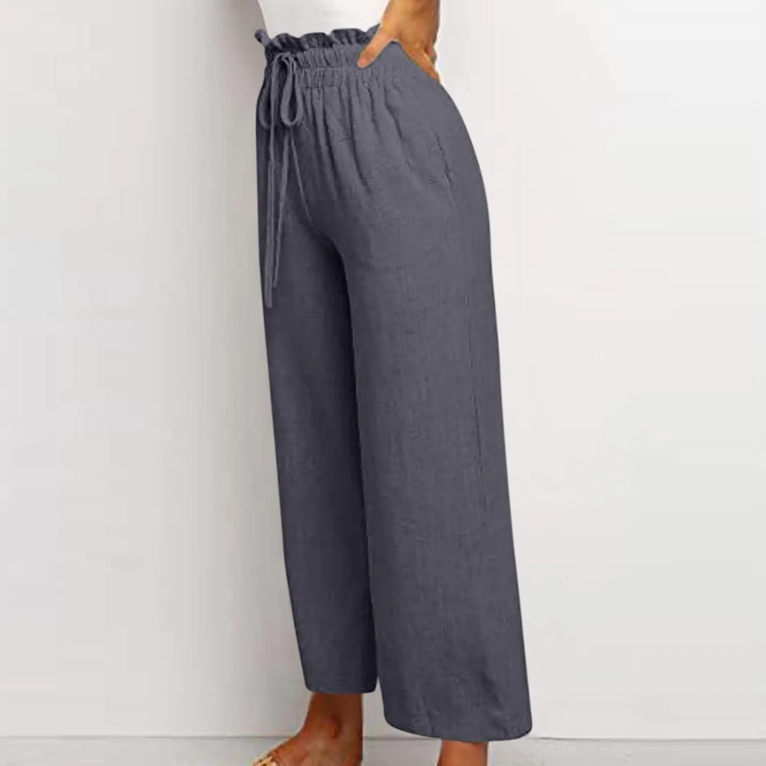 Linen Palazzo for Women Dressy Casual Elastic High Waisted Wide Leg Pants Summer Loose Comfy Work Pants with Pockets