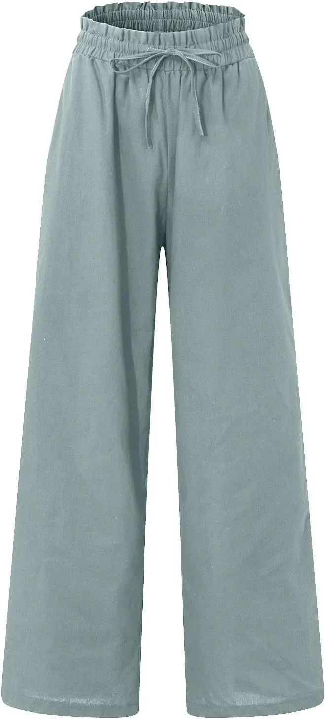 Linen Palazzo for Women Dressy Casual Elastic High Waisted Wide Leg Pants Summer Loose Comfy Work Pants with Pockets
