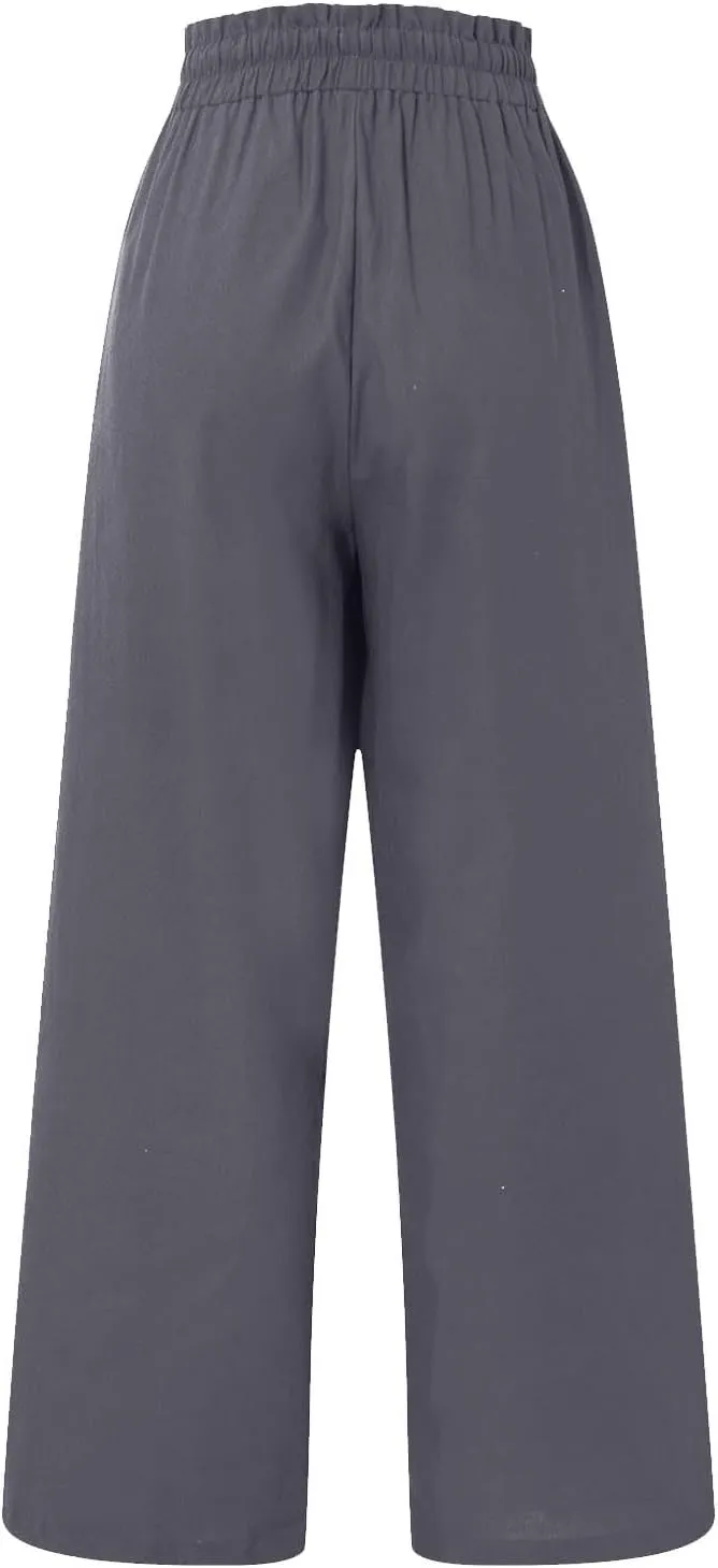 Linen Palazzo for Women Dressy Casual Elastic High Waisted Wide Leg Pants Summer Loose Comfy Work Pants with Pockets