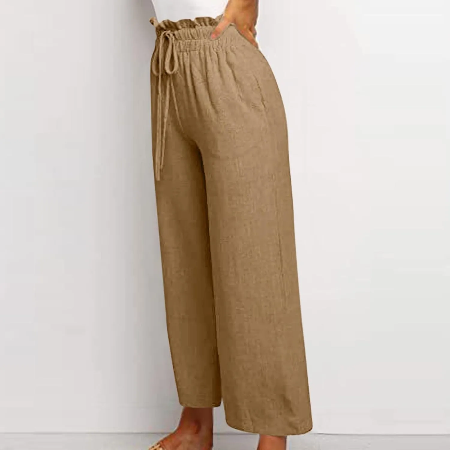Linen Palazzo for Women Dressy Casual Elastic High Waisted Wide Leg Pants Summer Loose Comfy Work Pants with Pockets