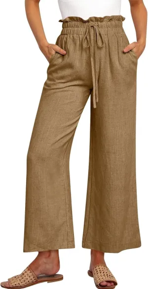 Linen Palazzo for Women Dressy Casual Elastic High Waisted Wide Leg Pants Summer Loose Comfy Work Pants with Pockets
