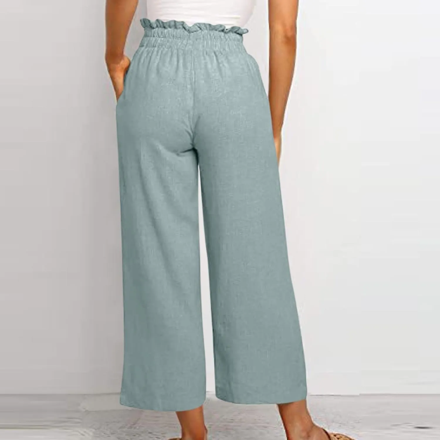 Linen Palazzo for Women Dressy Casual Elastic High Waisted Wide Leg Pants Summer Loose Comfy Work Pants with Pockets