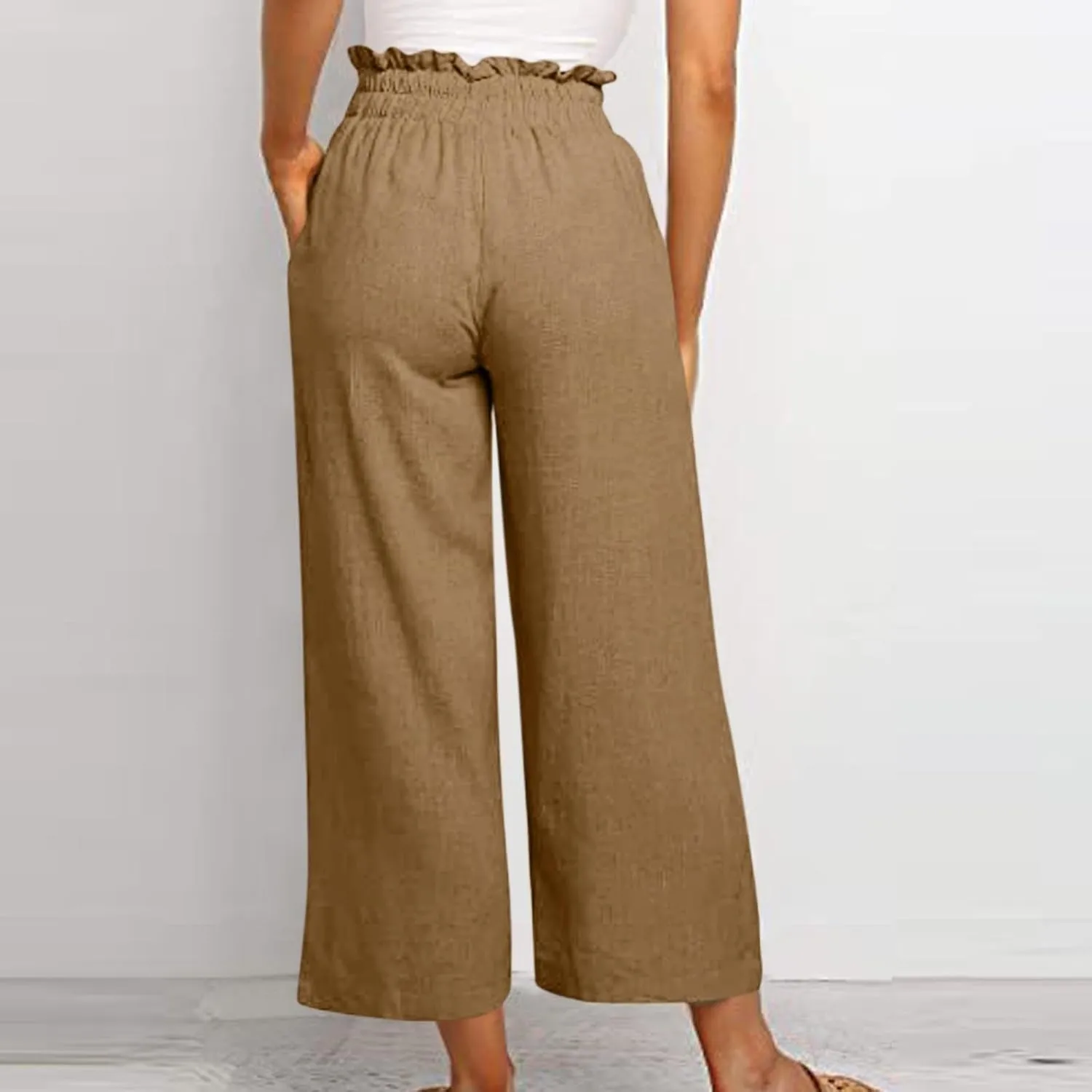 Linen Palazzo for Women Dressy Casual Elastic High Waisted Wide Leg Pants Summer Loose Comfy Work Pants with Pockets