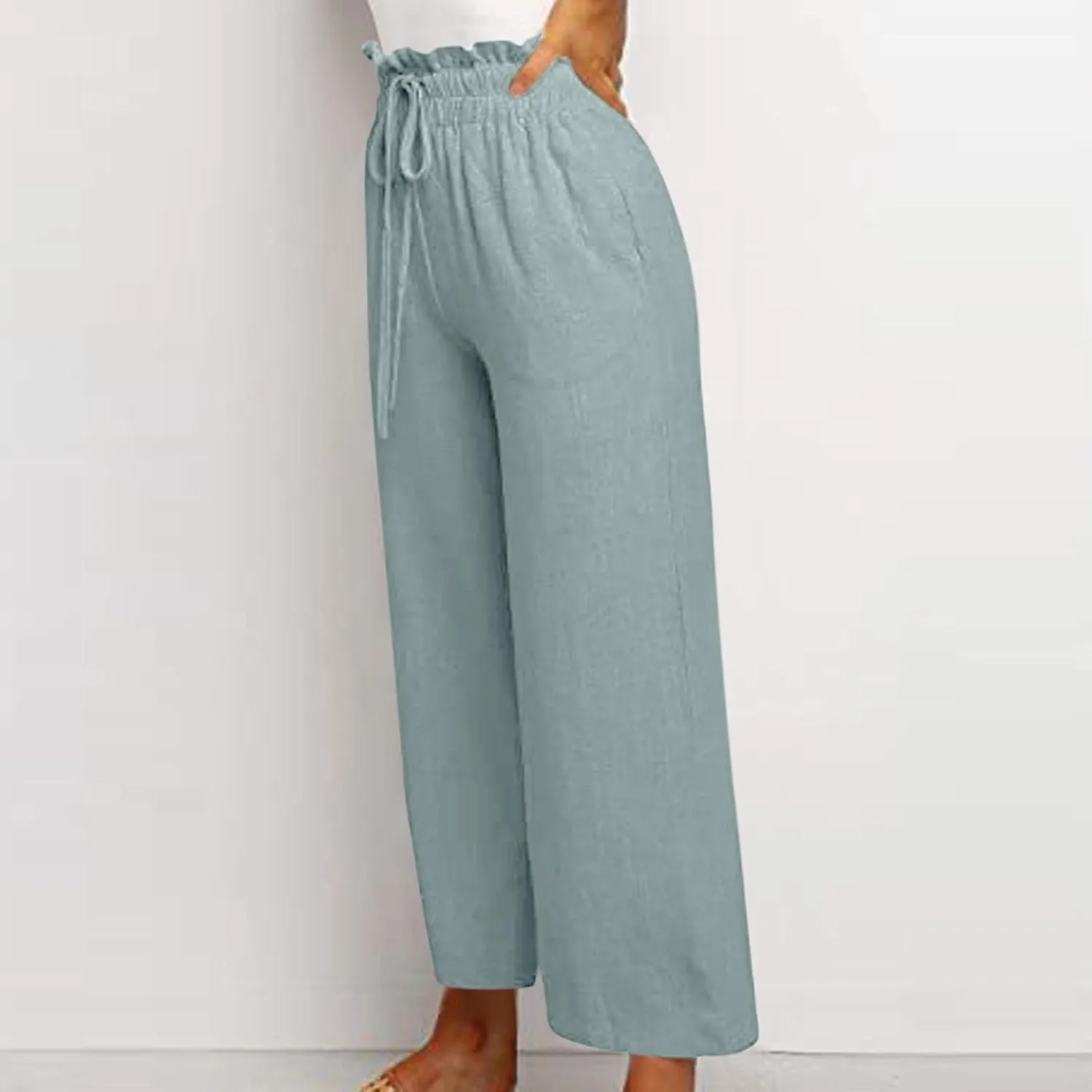 Linen Palazzo for Women Dressy Casual Elastic High Waisted Wide Leg Pants Summer Loose Comfy Work Pants with Pockets