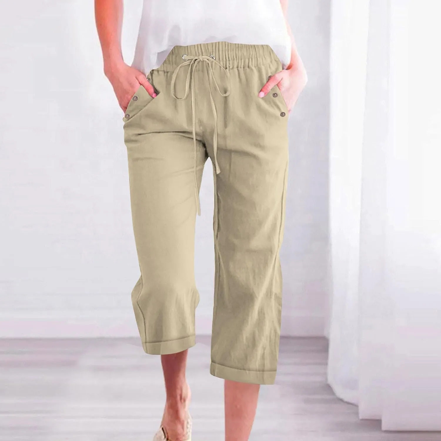 Linen Pants for Women 2025 Summer Casual Tie Knot Elastic High Waist Capri Pants Plus Size Wide Leg Lounge Capris