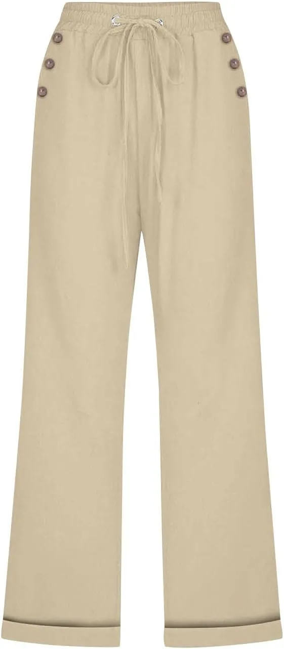 Linen Pants for Women 2025 Summer Casual Tie Knot Elastic High Waist Capri Pants Plus Size Wide Leg Lounge Capris