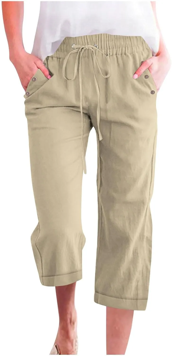 Linen Pants for Women 2025 Summer Casual Tie Knot Elastic High Waist Capri Pants Plus Size Wide Leg Lounge Capris