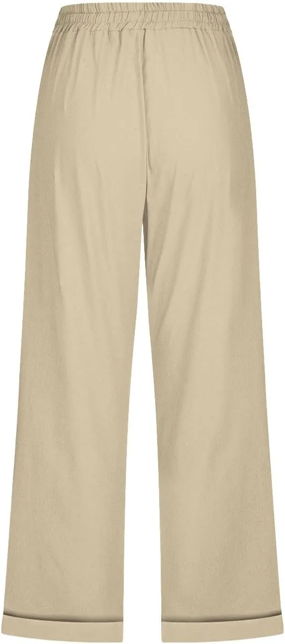 Linen Pants for Women 2025 Summer Casual Tie Knot Elastic High Waist Capri Pants Plus Size Wide Leg Lounge Capris
