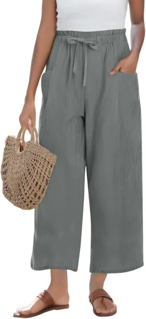 Linen Pants for Women 2025 Summer High Waist Elastic Straight Leg Lounge Palazzo Pant Lightweight Beach Trousers