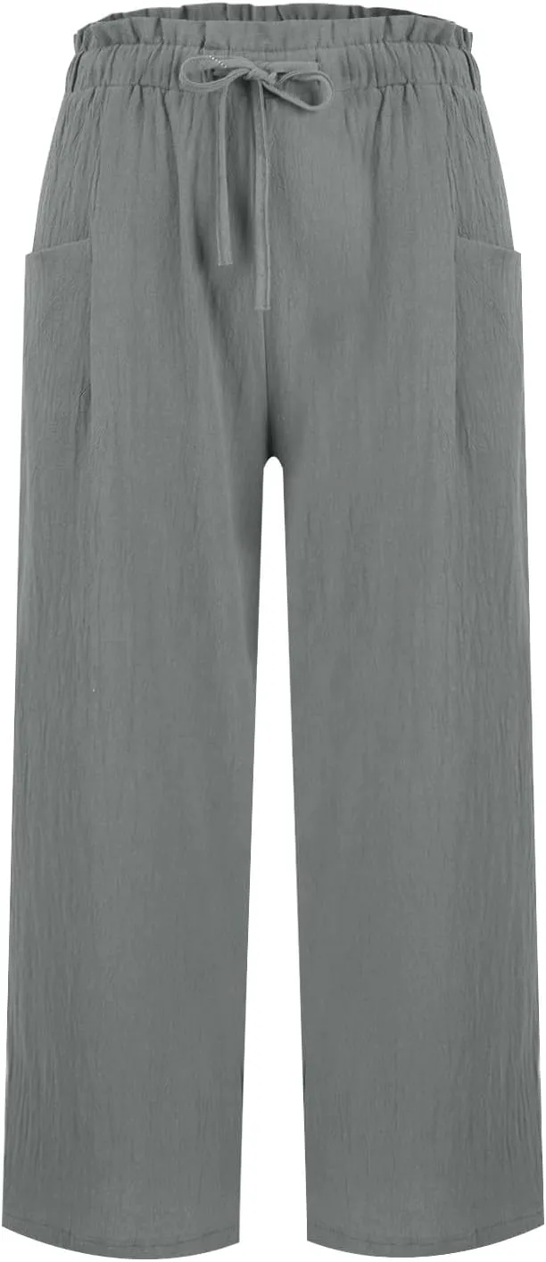 Linen Pants for Women 2025 Summer High Waist Elastic Straight Leg Lounge Palazzo Pant Lightweight Beach Trousers