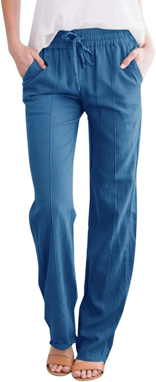 Linen Pants for Women Elastic High Waisted Straight Leg Trousers Pants Loose Casual Summer Dress Pants with Pockets
