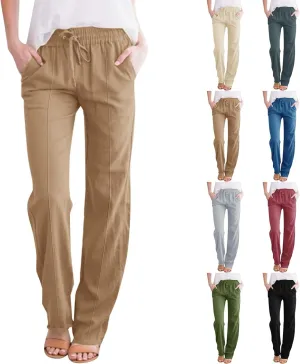 Linen Pants for Women Elastic High Waisted Straight Leg Trousers Pants Loose Casual Summer Dress Pants with Pockets