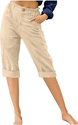 Linen Pants for Women High Waisted Wide Leg Capris Summer Casual Button Elastic Waist Cropped Trousers with Pockets