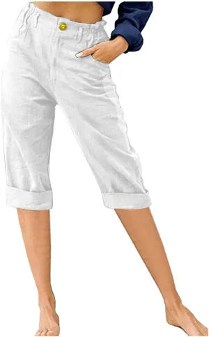 Linen Pants for Women High Waisted Wide Leg Capris Summer Casual Button Elastic Waist Cropped Trousers with Pockets