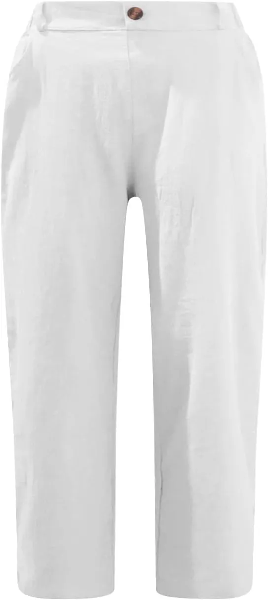 Linen Pants for Women High Waisted Wide Leg Capris Summer Casual Button Elastic Waist Cropped Trousers with Pockets