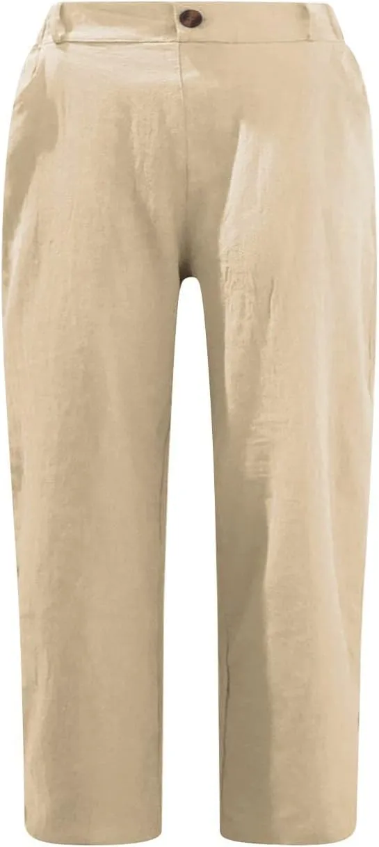 Linen Pants for Women High Waisted Wide Leg Capris Summer Casual Button Elastic Waist Cropped Trousers with Pockets