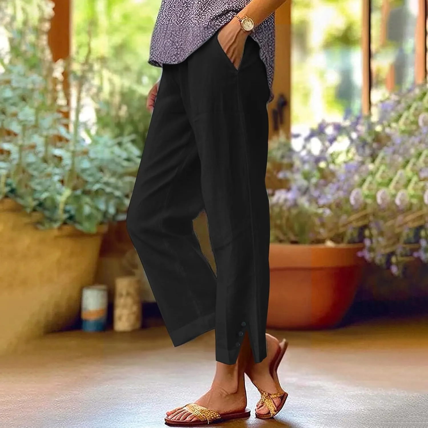 Linen Pants for Women Petite Elastic Trousers Cotton Casual Loose Linen Beach Pants Summer Vacatio Outfit