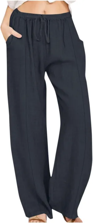 Linen Pants for Women Plus Size Dressy High Waist Wide Leg Pants Summer Comfy Lounge Palazzo Trousers with Pockets 2025