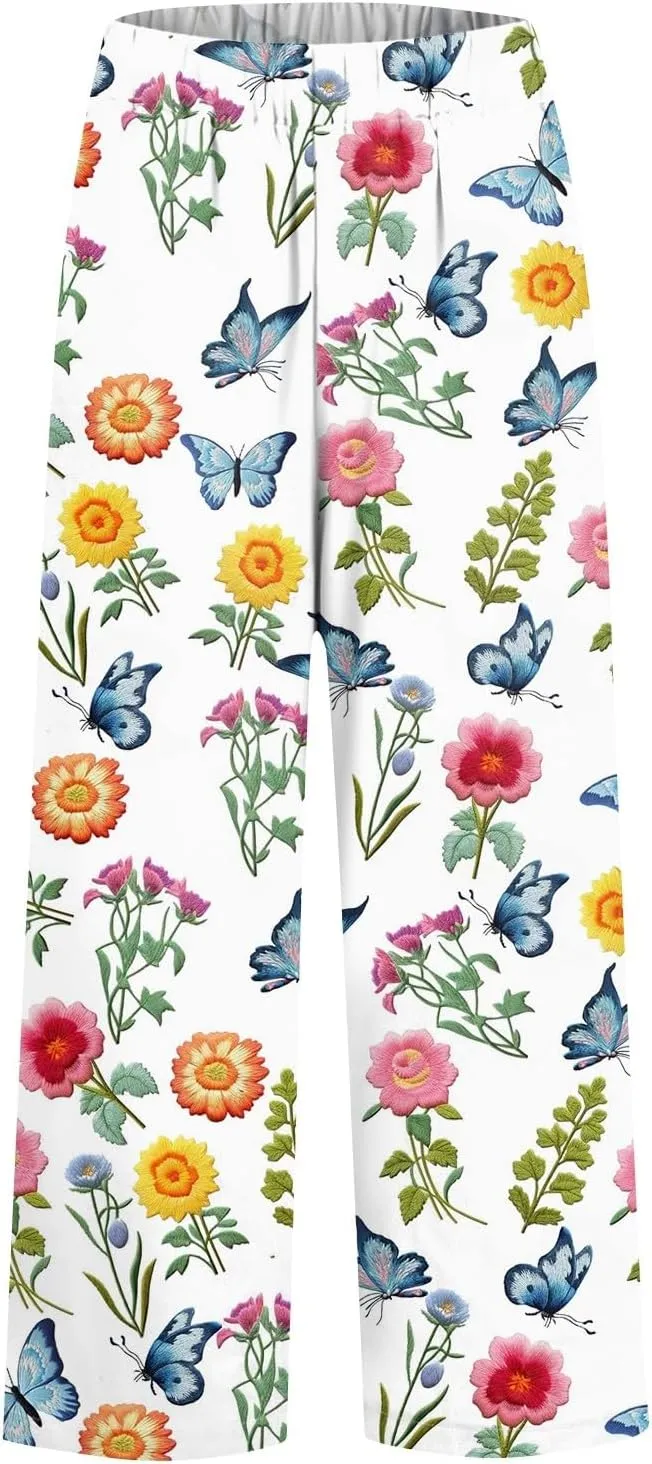 Linen Pants for Women Summer Casual High Waist Boho Floral Cropped Pants Tapered Beach Trousers Capri Pants Pockets