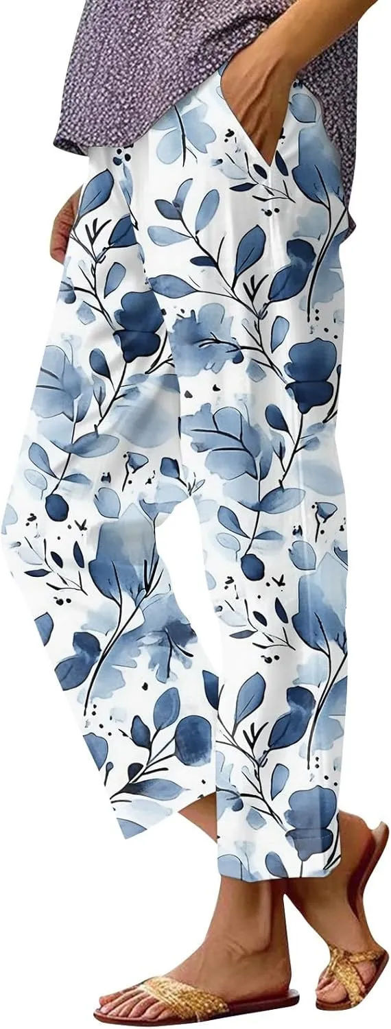 Linen Pants for Women Summer Casual High Waist Boho Floral Cropped Pants Tapered Beach Trousers Capri Pants Pockets